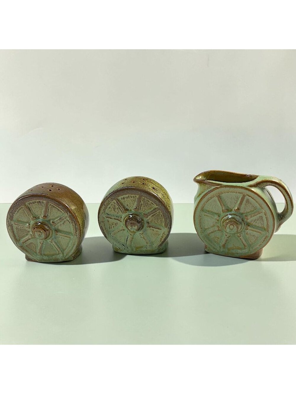 Frankoma Olive Green Vintage Small Pitcher Creamer Syrup - Salt & Pepper Shaker